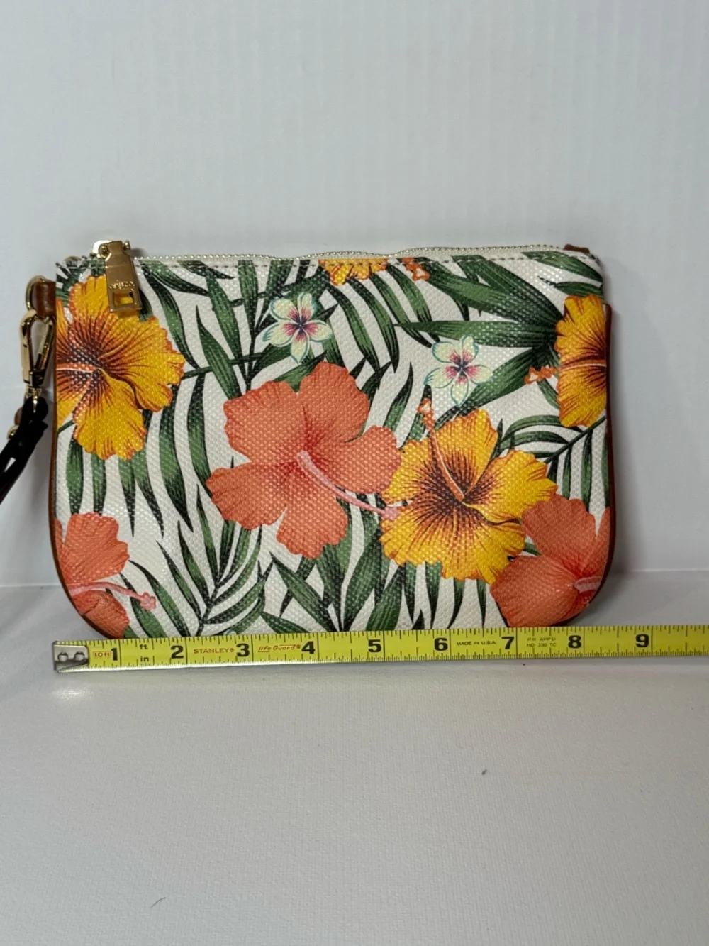 LeatherTropical Floral Wristlet Clutch Palm Hibiscus Print Zip Pouch Summer Bag